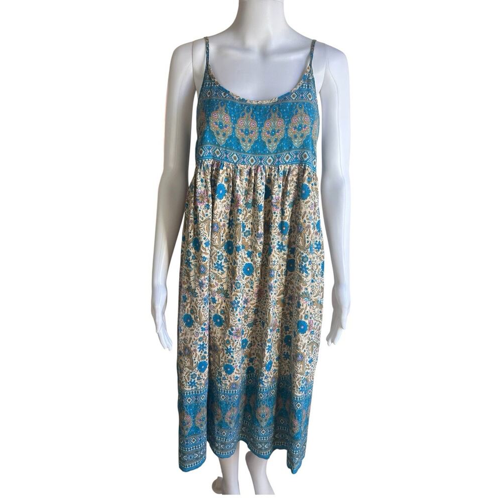 Natural Life Midi Dress Women Small Blue Floral Boho 100% Rayon Adjustable Strap